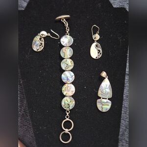 Abalone Shell Silver-Tone Pendent, Earrings, And Bracelet.